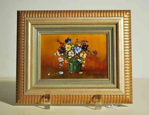 VERKOCHT Schilderijtje 9 x 13cm, olieverf, bloemstilleven, gesigneerd Elizabeth Vos
